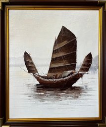 Vintage Chinese Trading Ship Original Oil On Canvas Painting