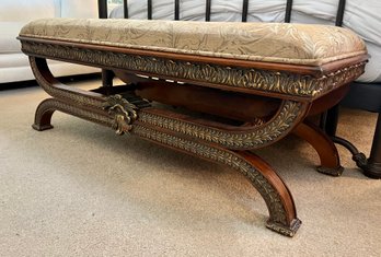 Ornate Wood Bench With Fabric Top