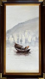 Mid Century Asian Fishing Boat Oil On Canvas Painting Framed