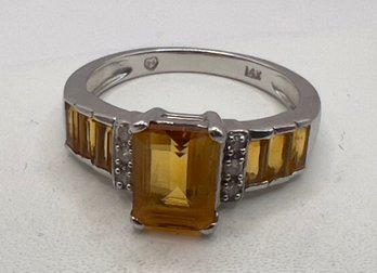 14K Yellow Citrine Ring With Diamonds