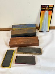 Lot Of 6 Whetstones, 1 Official Boy Scout Sharpening Stone, 1 Norton Combination India Stone.