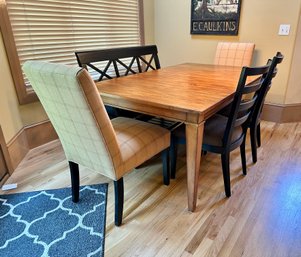 Ethan Allen Dining Table With Chairs, Bench And Two Leaves