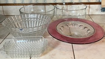 4 Glass Bowls W/ 3 Glass Relish Trays Handmade In Poland