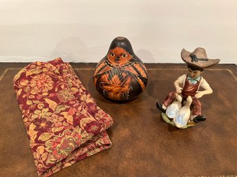 Lot Of 3 Items-Figurine, Gourd And Placemat