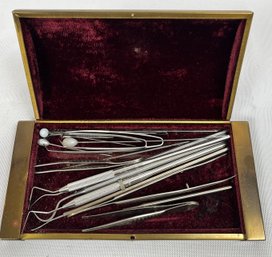 Brass Box Of Dental Tools And Hatpins.