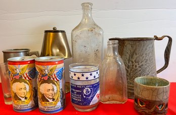 10 Vintage Glassware Cans And A Brass Lamp Looking Ashtray