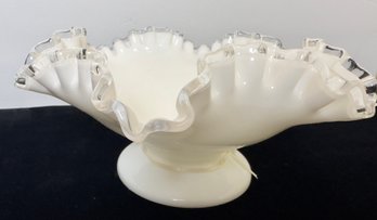 Vintage Fenton White Milk Glass Silver Crest Ruffled Footed Compote Bowl
