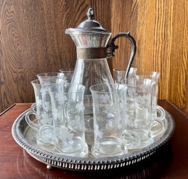 Set Of 8 Shamrock Etched Glass Coffee Set W/pitcher And Tray