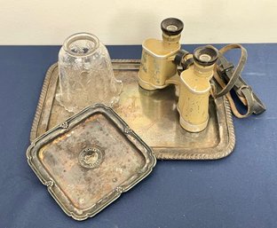 Lot Of 4 Pieces Of Vintage Items, Silver Plate Trays, Binoculars