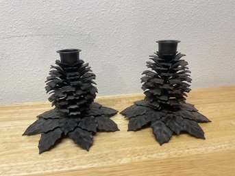 Crate And Barrel Metal Pinecone Candle Holders (2)