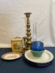 Lot Of  Vintage Items: Enamel & Transferware, Candle Sticks, Box, Pottery