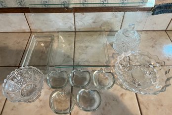 11 Pieces Glassware. 5 Small Apple Dishes, 1 Square 1 Rectangle Platter, Candy Dish, Cover, Relish Bowl, Tray.