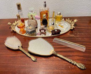 Lot Of Vanity Items: Gilt Tray, Perfumes, Brush Set
