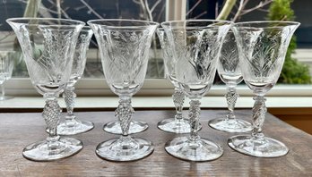 Set Of 8 Beautiful Etched Crystal Wine Goblets