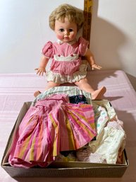 Vintage Doll With Box Of Clothes