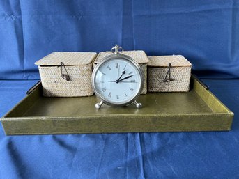 3 Covered Baskets, Alarm Clock, Green Tray.