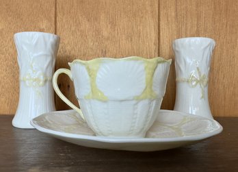 Four Belleek Items Two Small Vases And Cup And Saucer
