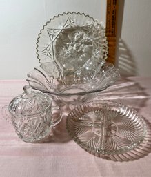 Lot Of 4: Vintage Glass, 2 Bowls, Plate And Sugar Bowl