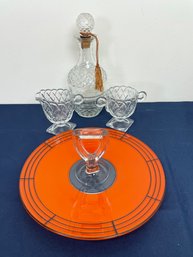 Lot Of 5  Vintage Glassware Pieces Incl. Art Deco Orange Serving Dish