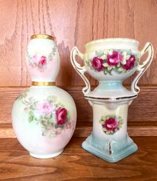 Lot Of 2 Unique Shaped Handpainted Vases~~Pedestal One Is Czech