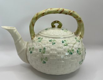 Belleek Shamrock Basket Weave Kettle Style Teapot, Brown Mark