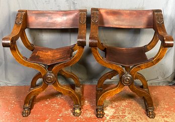 Pair Of Wood And Leather Savonarola Armchairs With Floral And Leaf Detail