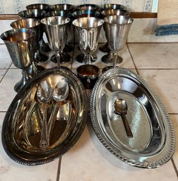 13 Silver Plate Goblets, 2 Platters, 3 Flatware & Cup