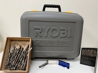 Drill Bits In Container, Extra Drill Bits, And Empty Ryobi Circular Case