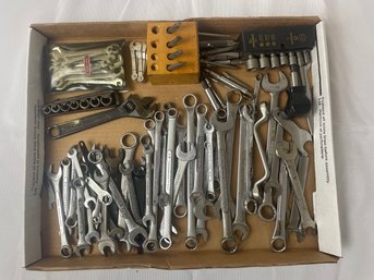 Mix Lot  Box Of Ignition Wrenches, Some Bits And A Utica  Crescent Wrenches And Drill Bits