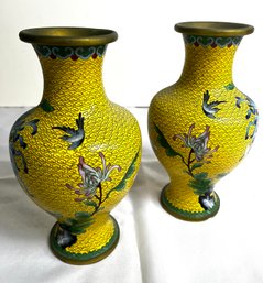 Vintage Yellow Floral Bird Cloisonne Vases