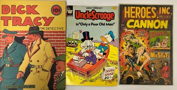 3 Comic Books, Reprint Dick Tracy, Uncle Scrooge And Heroes Inc.