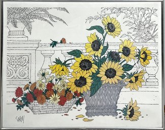 Vintage Framed Saroiy Art Print Sunflowers In Basket *Local Pick-Up Only*