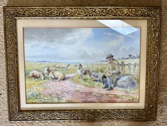 Signed Watercolor Man With Sheep