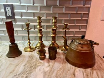 Brass Candle Sticks Brass Bell And Teapot