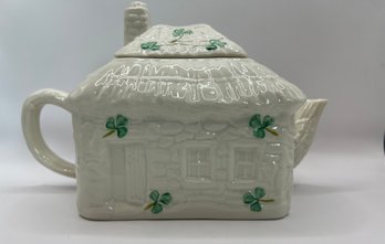 Vintage Shamrock Belleek Pottery Cottage Teapot, Green Mark, Ireland