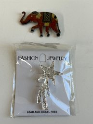2 Costume Jewelry Pins, Star And Elephant
