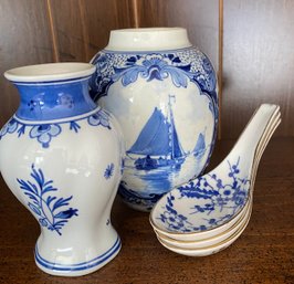 Delft Jar & Vase Along With 3 Spoons