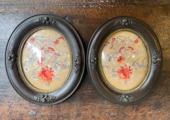 Matching Pair Of Silk Art In Antique Dome Frames
