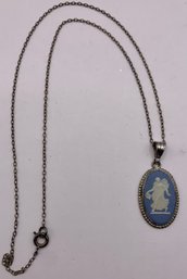 Blue & White Necklace, Wedgwood Made In England, Satin Finish Pendant On Chain