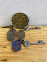 Brass Paperweight & 3 Sets Of Hotel Keys