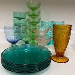 Lot Of Colored Glass Dishes & Glasses