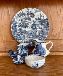 Lot Of 5 Vintage Blue Transferware Incl. Shoe And Bud Vase