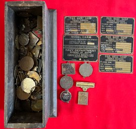 Wood Box Of Old Badges.