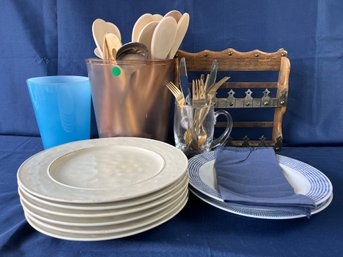 Dishes, Flatware, Spice Rack, Blue Glass, Mug And A Plastic Bin Of Kitchen Utensils.