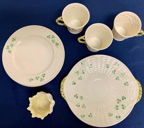 Irish Belleek Set, Clover Pattern, 4 Plates, 3 Mugs, 1 Serving Platter