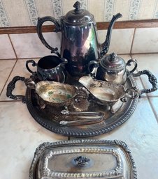 Silver Plate Coffee Set With Extra Sugar Dish, Cream Pitcher And A Butter Dish.