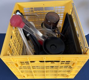 Yellow Crate Of Kitchen Items.