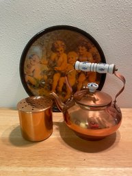 Copper Teapot, Shaker & Cupid Tray (3)
