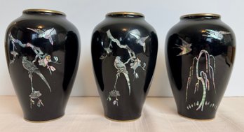 Three Vintage Korean Mother Of Pearl Inlay Vases