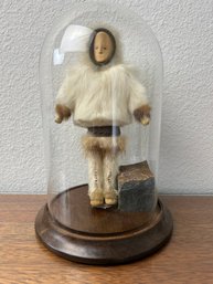 Eskimo Doll With Fur In Glass Case.
